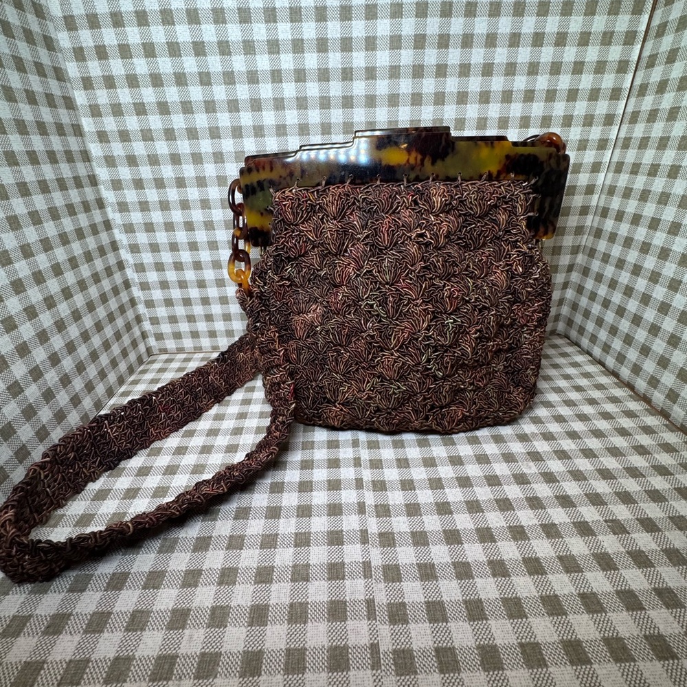 Vintage Marilyn Pivnick brown Crochet Shoulder Bag &coinbag Tortoiseshell Accent